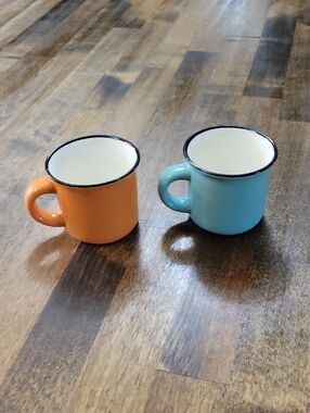 Robert Stanley Colorful Enamel Espresso Cups Mugs - Orange & Teal Set
